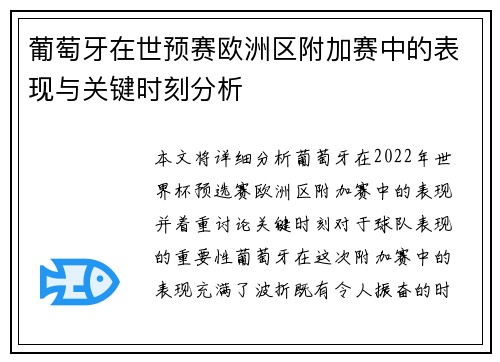 葡萄牙在世预赛欧洲区附加赛中的表现与关键时刻分析